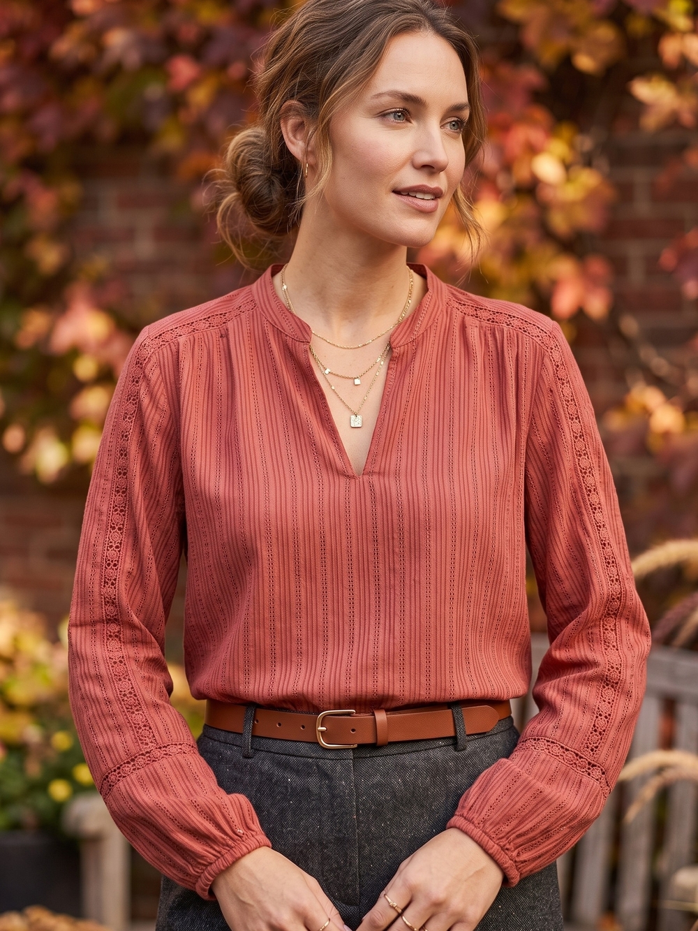 Ann Taylor Rust Striped Boho Chic Lace Trim Split Neck Peasant Blouse